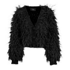 A black textured fuzzy cardigan sweater with a V-neck, three-quarter sleeves, and a button-front closure, shown against a plain white background.