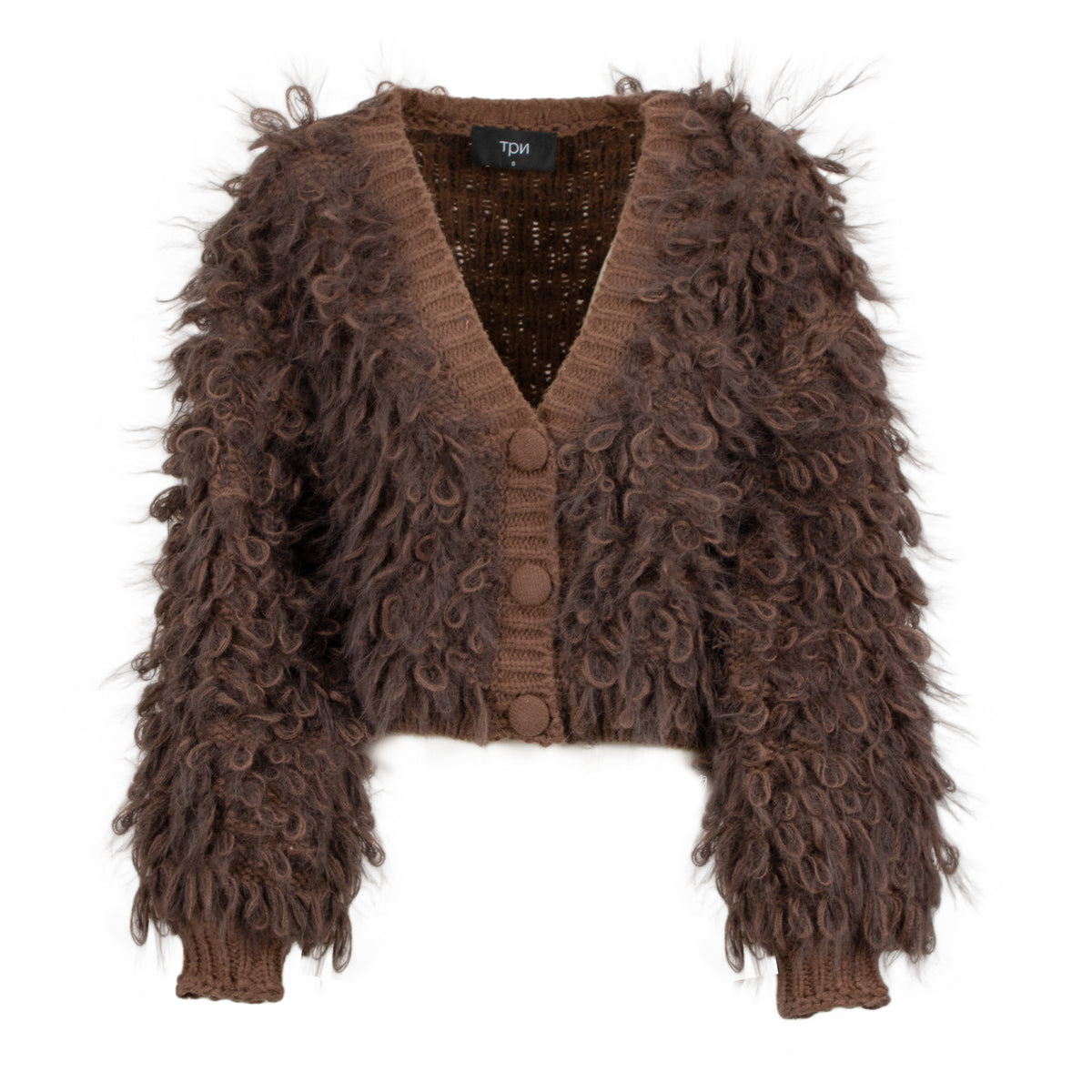 A brown curly textured cardigan sweater with a V-neck, three-quarter sleeves, and button-front closure, shown on a plain white background.