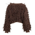 A dark brown long-sleeve cropped sweater featuring a shaggy, curly textured knit pattern, shown against a plain white background.