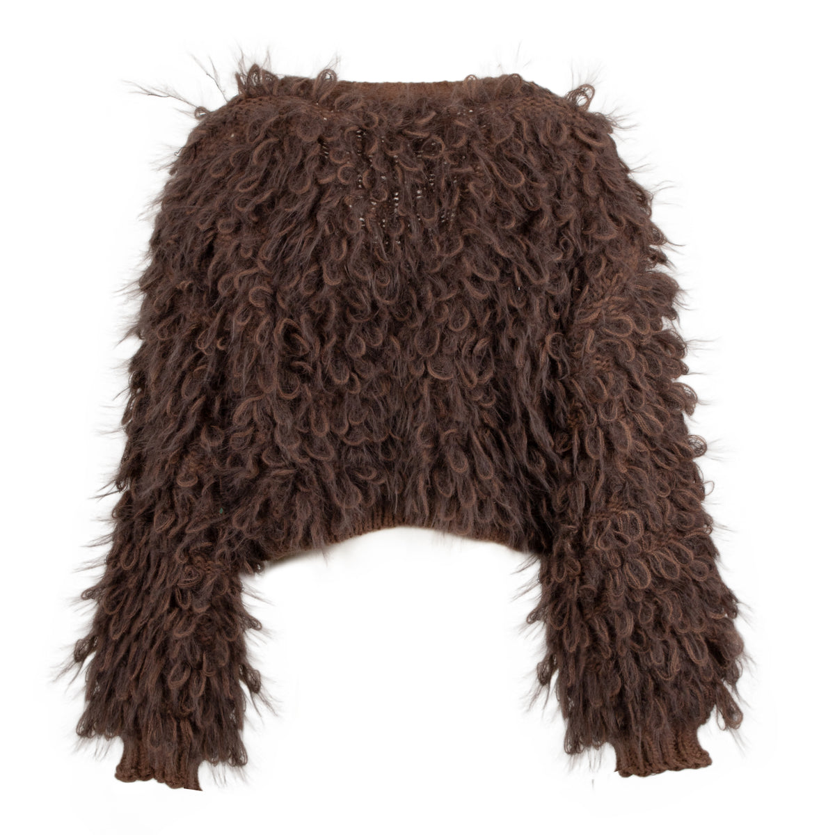 A dark brown long-sleeve cropped sweater featuring a shaggy, curly textured knit pattern, shown against a plain white background.