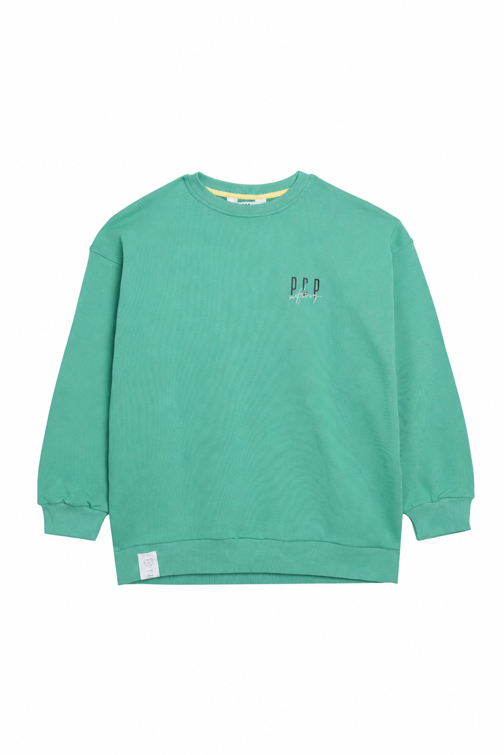 A mint green crewneck sweatshirt with a small embroidered 'PCP.
