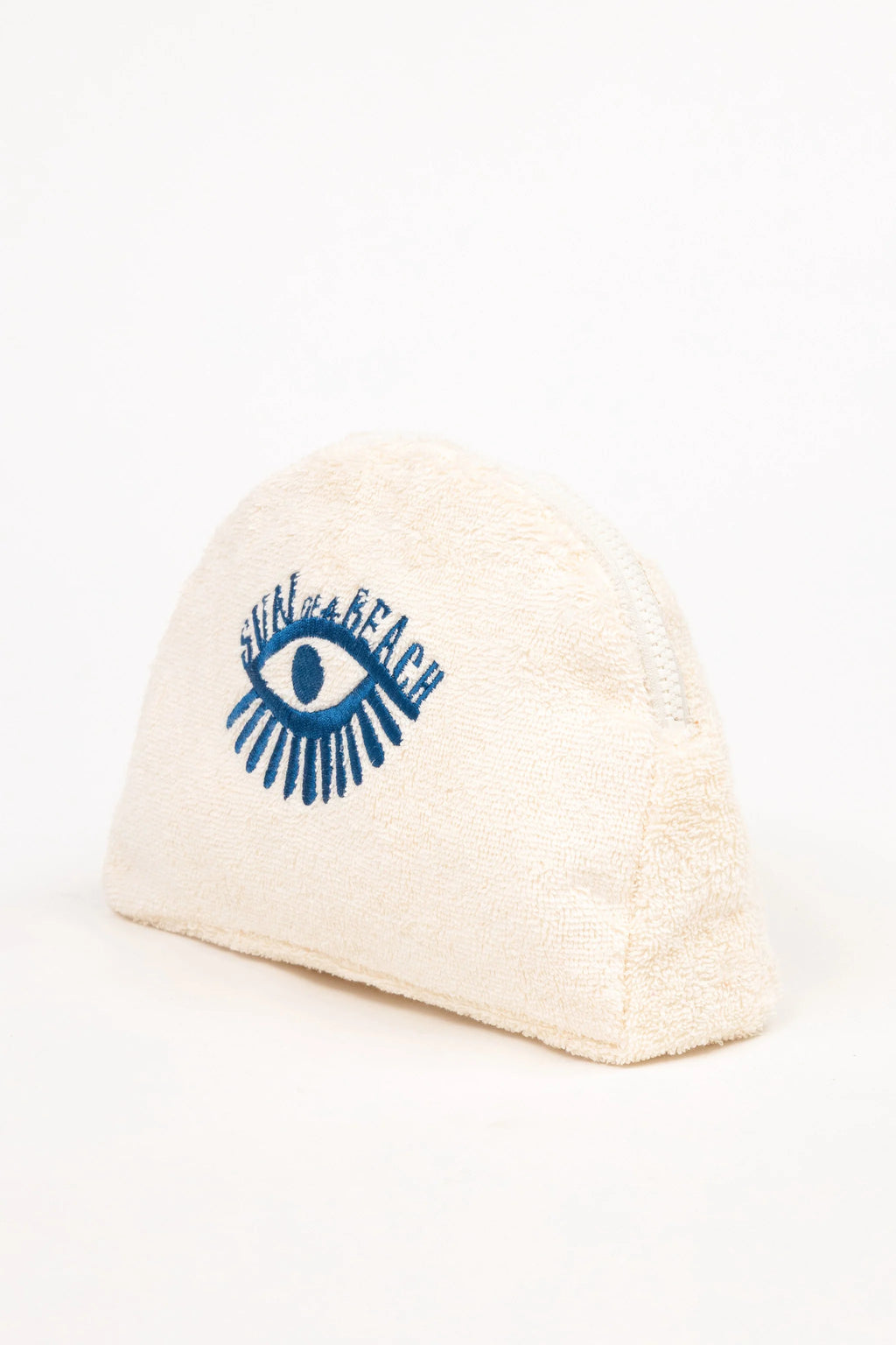 Beige beanie with blue eye design and text on a white background