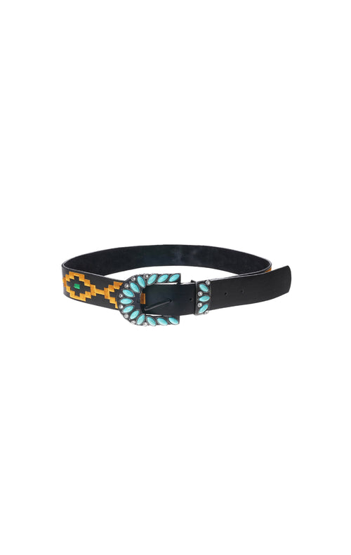 Black belt with a decorative buckle on a white background