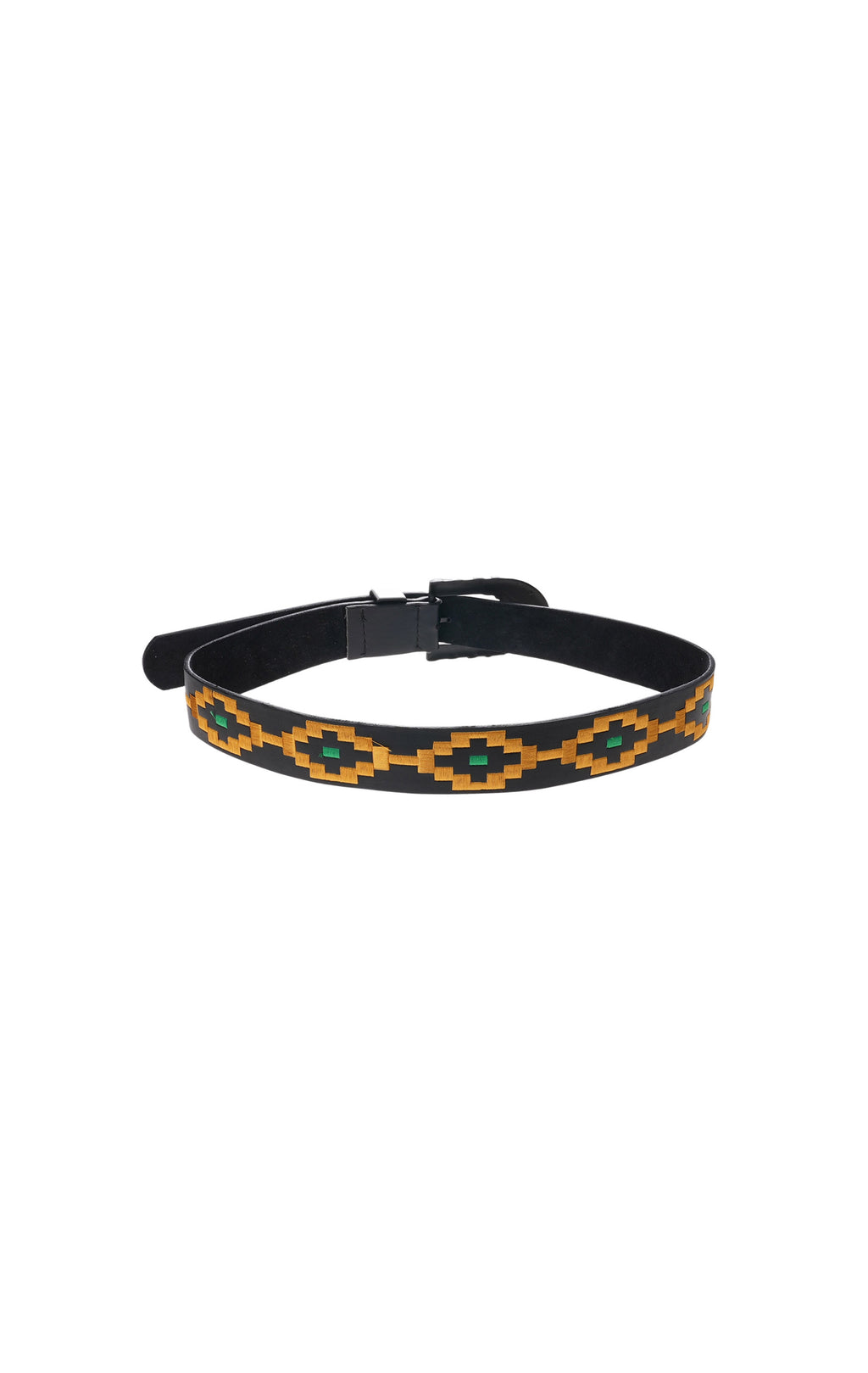 Black belt with a geometric pattern on a white background