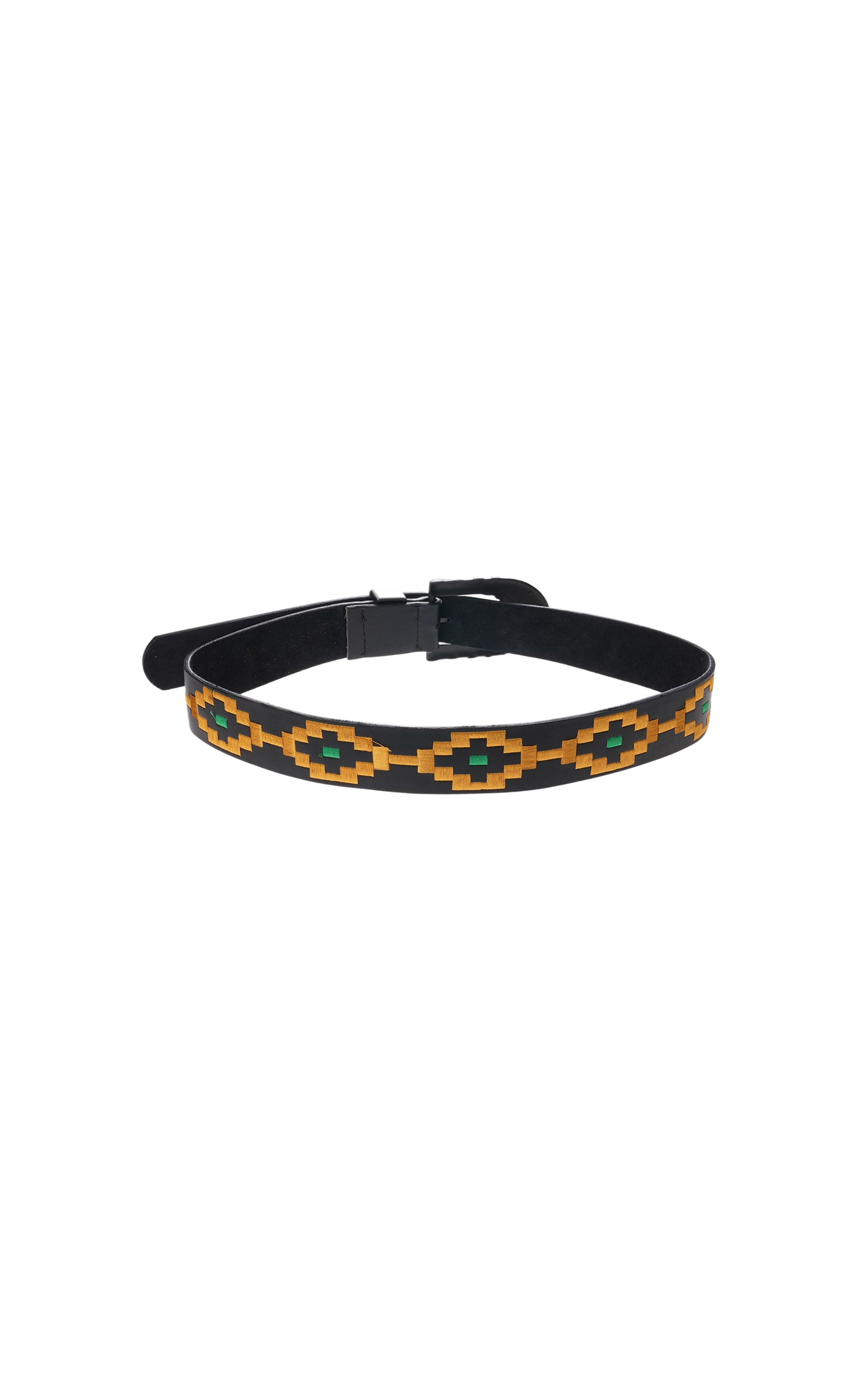 Black belt with a geometric pattern on a white background