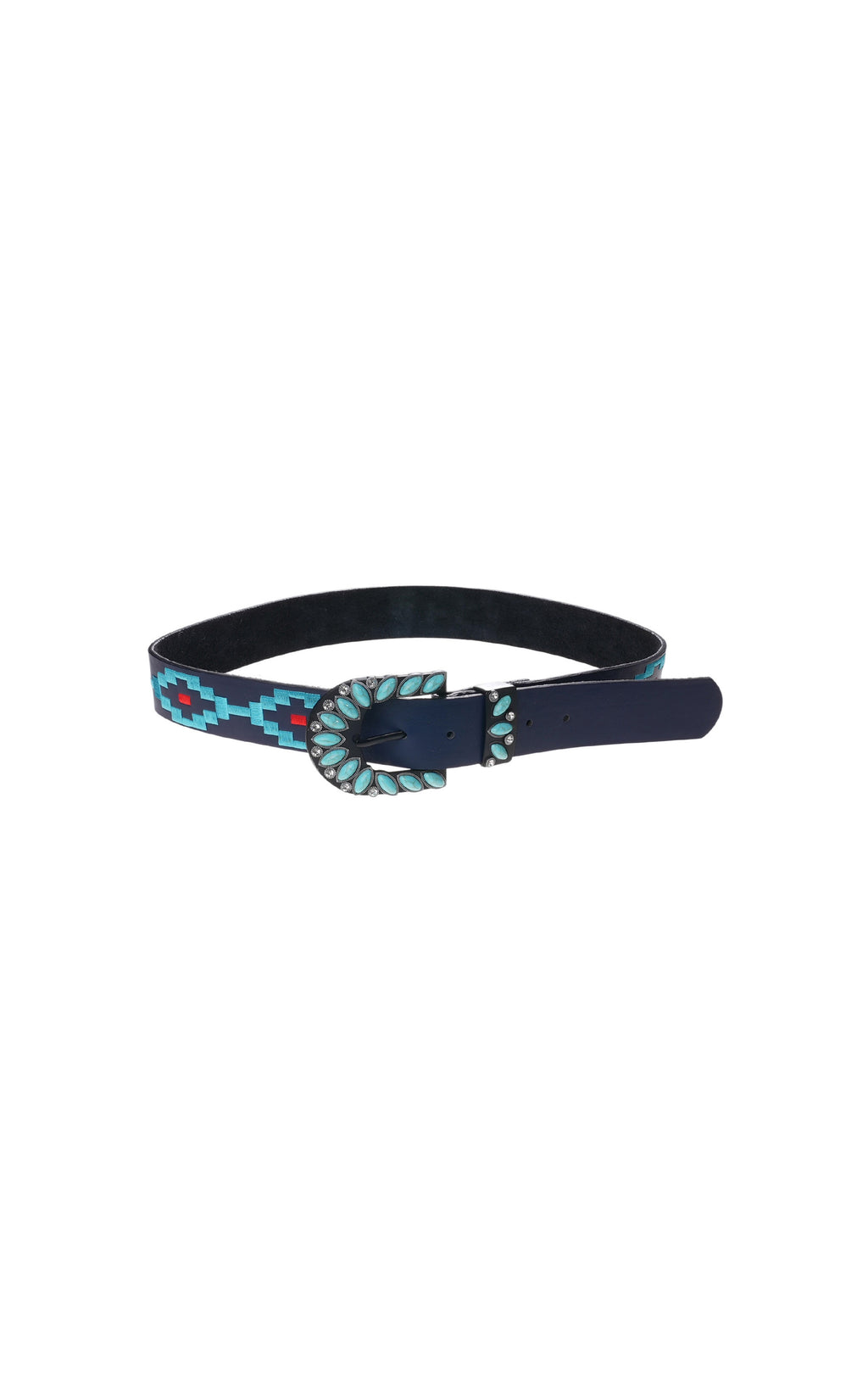 Black belt with a colorful buckle on a white background