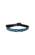 Black belt with blue geometric pattern on a white background