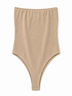 A beige ribbed knit high-waisted bodysuit or shapewear brief, shown flat against a white background.