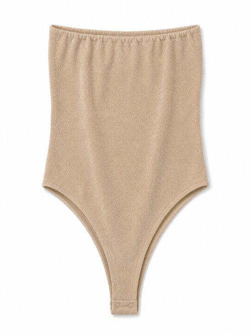 A beige ribbed knit high-waisted bodysuit or shapewear brief, shown flat against a white background.