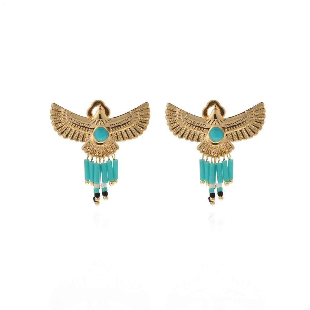 Pair of gold winged earrings with turquoise beads on a white background