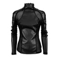 A black long-sleeve mock neck top with a textured, faux-leather finish and contrast mesh paneling on the shoulders and sleeves, shown against a plain white background.