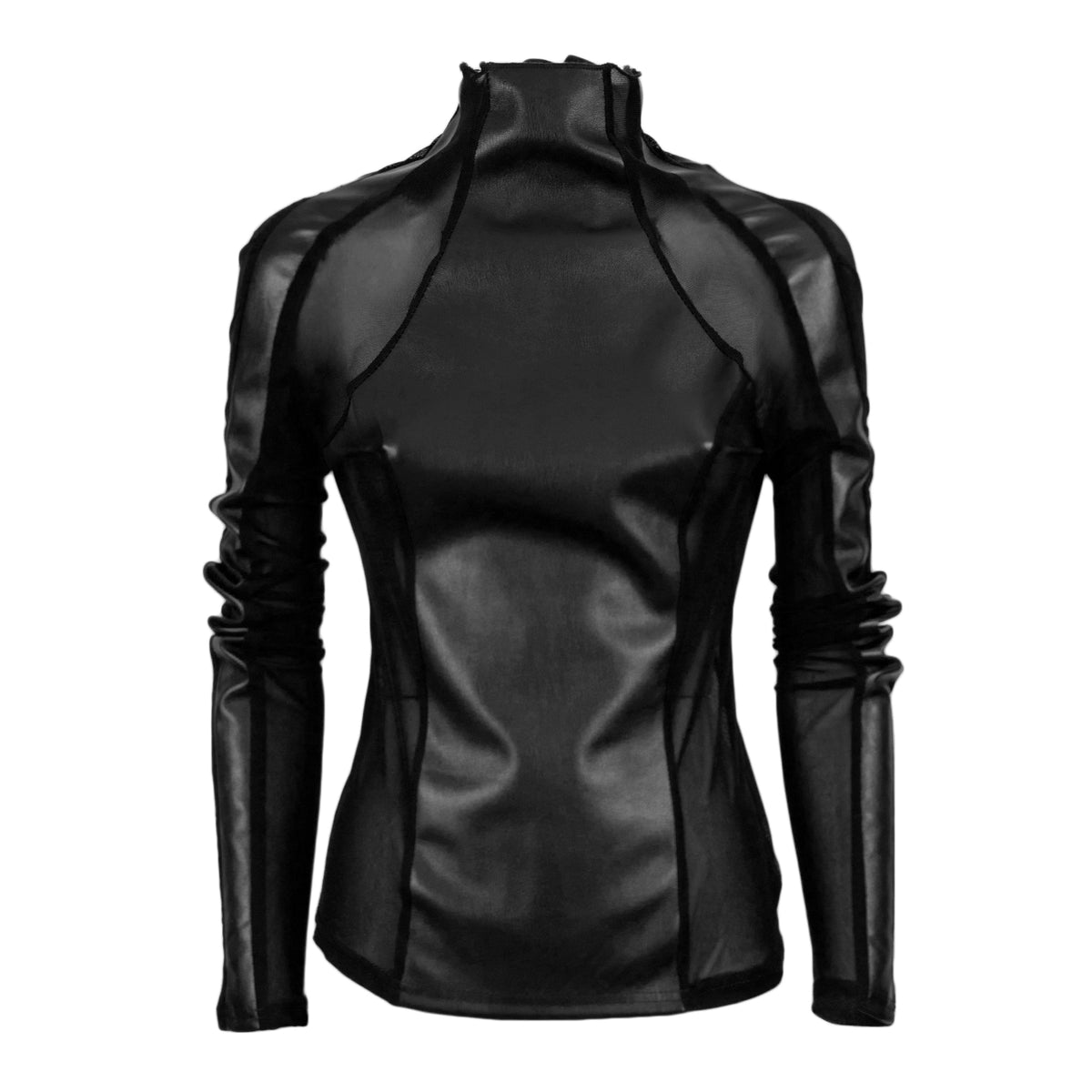 A black long-sleeve mock neck top with a textured, faux-leather finish and contrast mesh paneling on the shoulders and sleeves, shown against a plain white background.