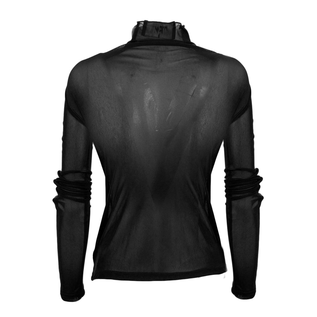 A black long-sleeve mock neck top shown from the back, featuring a sheer mesh back panel and ruched sleeves, displayed on a white background.