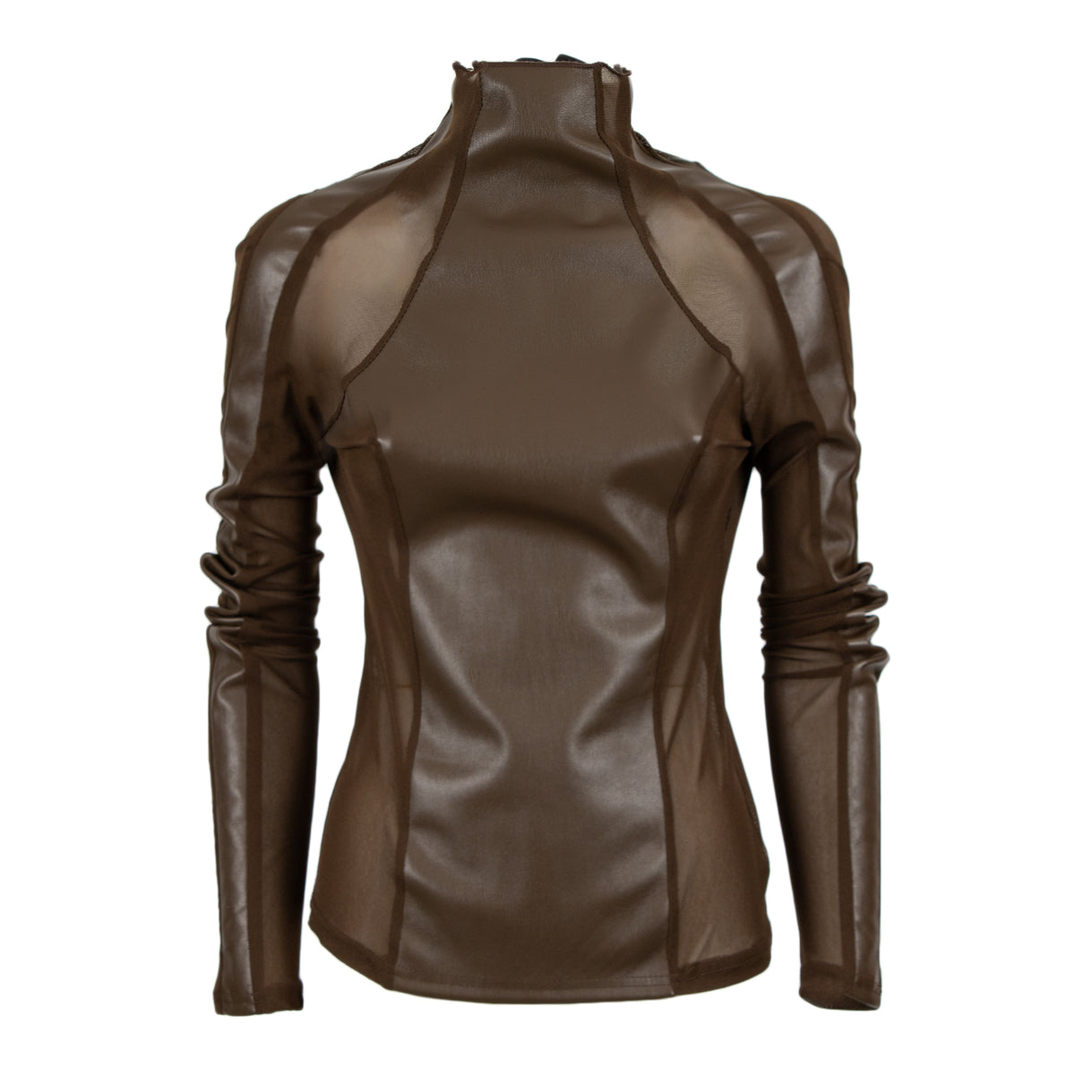 A women's long-sleeve mock neck top in a smooth, dark brown faux leather or leather-like material, shown against a plain white background.