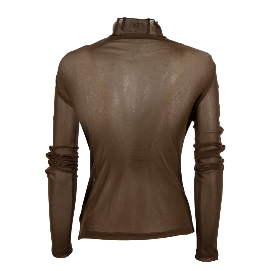 A brown long-sleeve mock neck top shown from the back, featuring a fitted silhouette with gathered detailing on the sleeves, set against a plain white background.