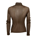 A brown long-sleeve mock neck top shown from the back, featuring a fitted silhouette with gathered detailing on the sleeves, set against a plain white background.