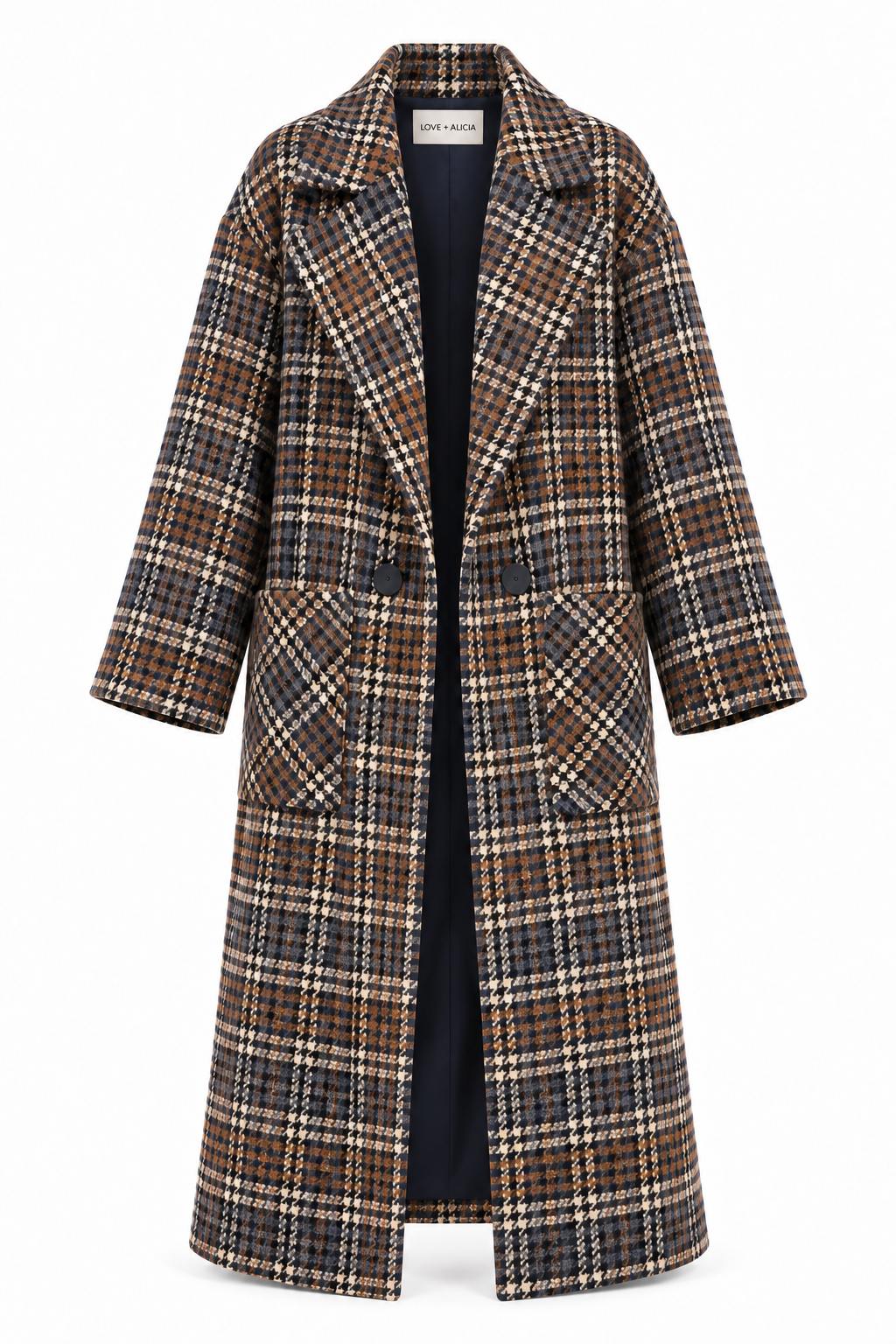 A mid-length plaid coat with wide lapels and front patch pockets, shown on a white background. The pattern mixes brown, beige, black, and white, with a dark navy lining visible inside.