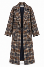 A mid-length plaid coat with wide lapels and front patch pockets, shown on a white background. The pattern mixes brown, beige, black, and white, with a dark navy lining visible inside.