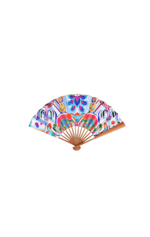 Colorful hand fan with floral design on a white background