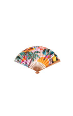 Colorful hand fan with tropical design on a white background
