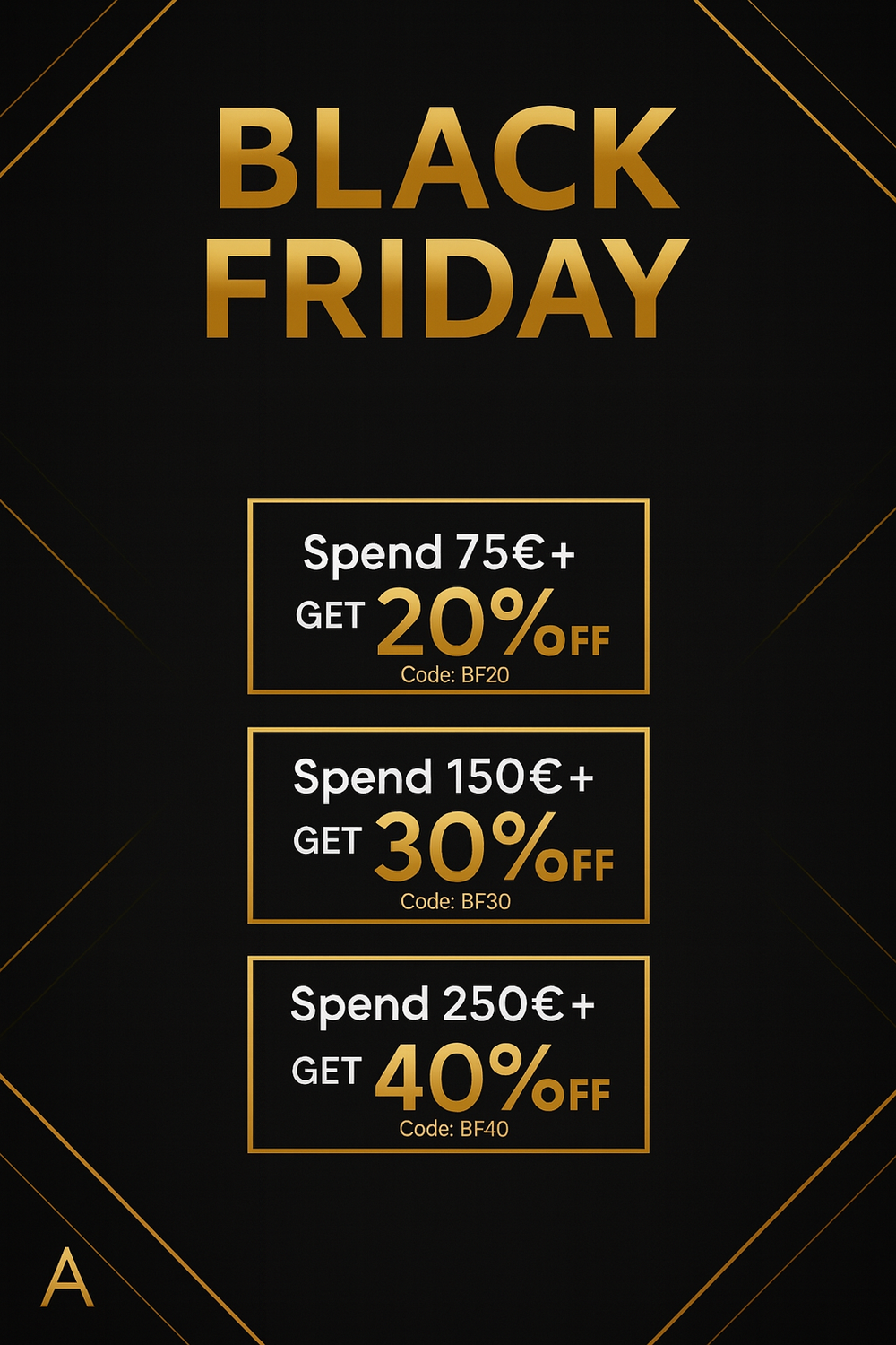 Black Friday promotional offer with discount percentages on a black background