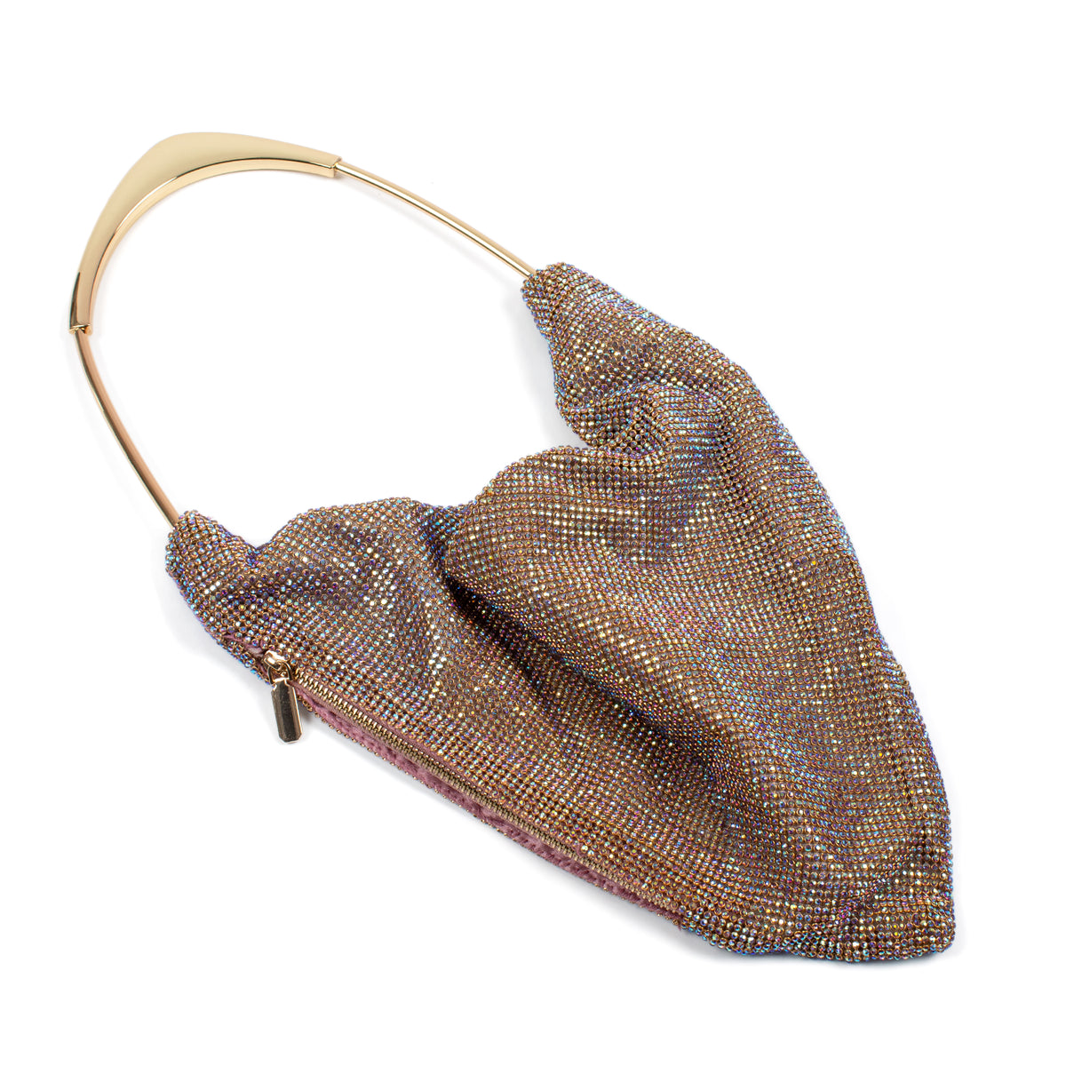 A rhinestone-embellished shoulder bag with a curved gold-tone metal handle, shown on a plain white background.