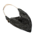 A black rhinestone-embellished shoulder bag with a curved gold-tone metal handle, shown on a plain white background.