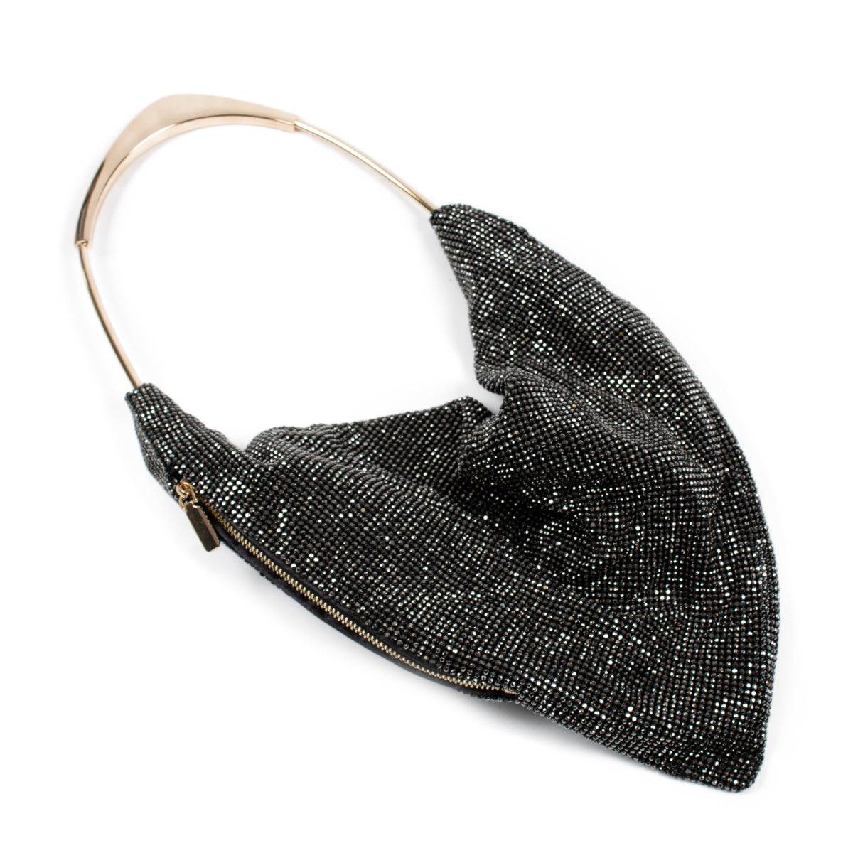 A black rhinestone-embellished shoulder bag with a curved gold-tone metal handle, shown on a plain white background.