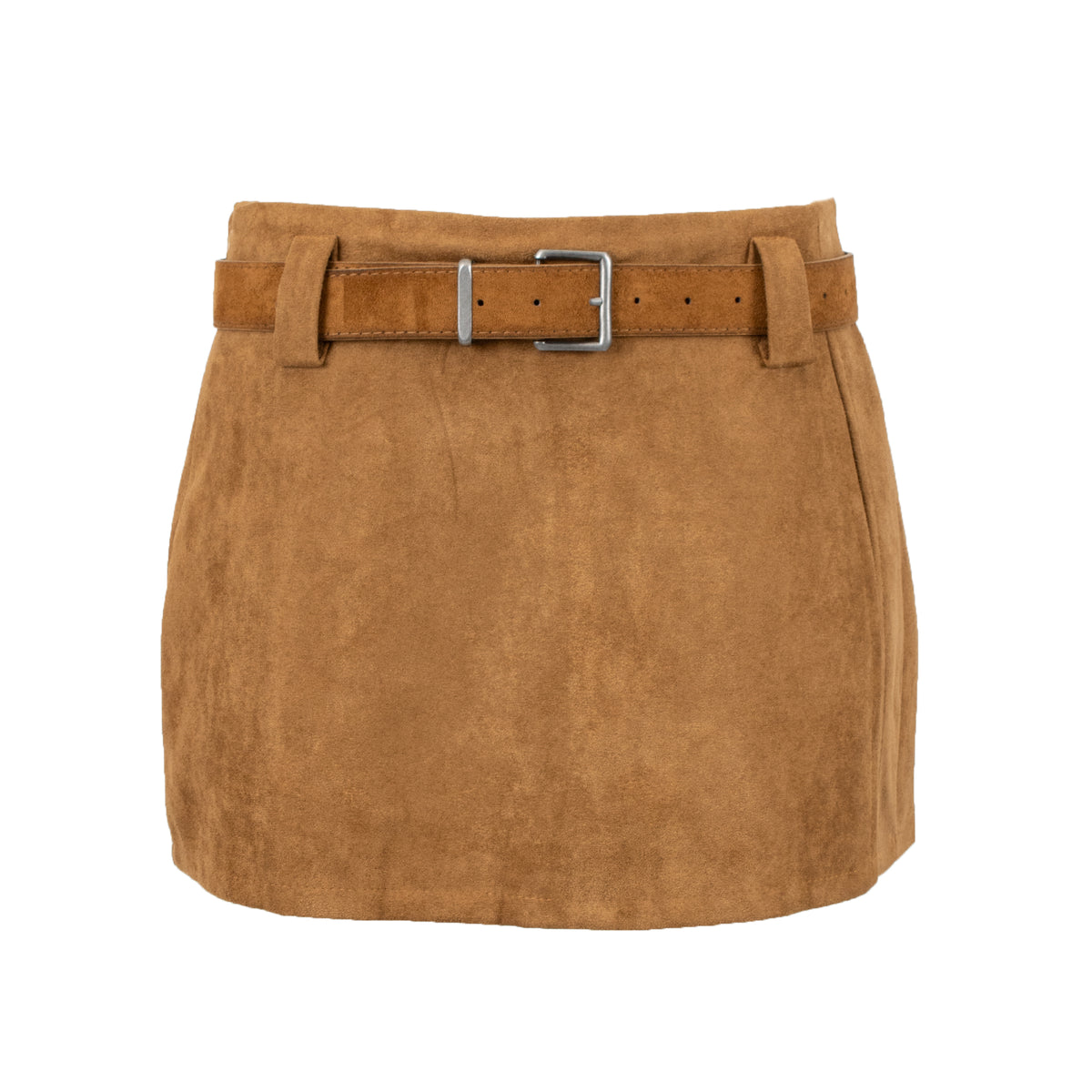A tan suede mini skirt with a matching tan leather belt and a silver buckle, shown against a plain white background.