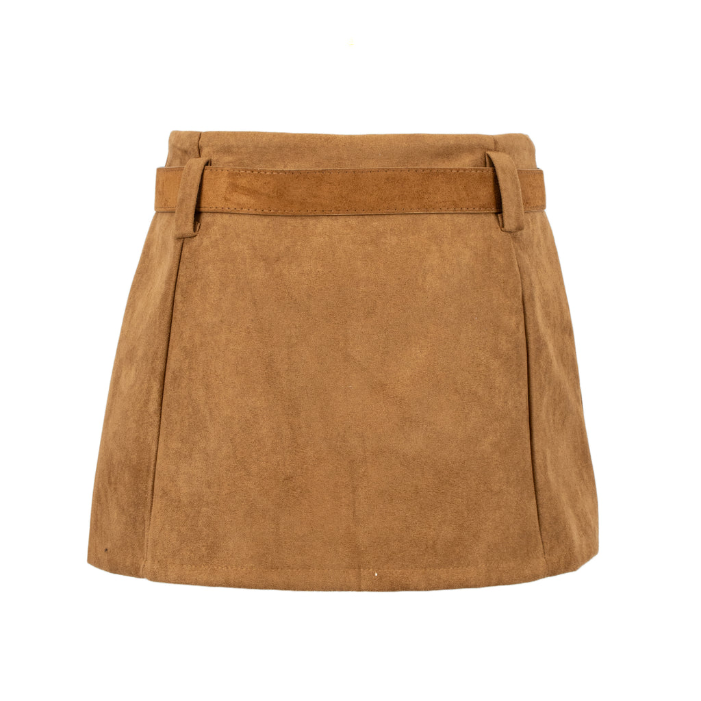 A tan suede mini skirt with a matching suede belt, photographed flat against a solid white background.