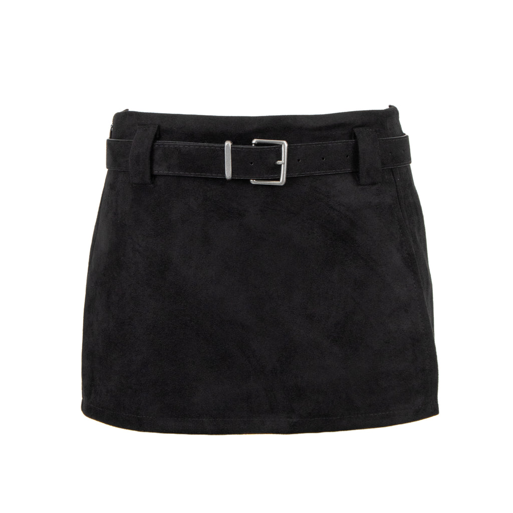 A black suede mini skirt with a matching black belt and a silver buckle, shown against a plain white background.