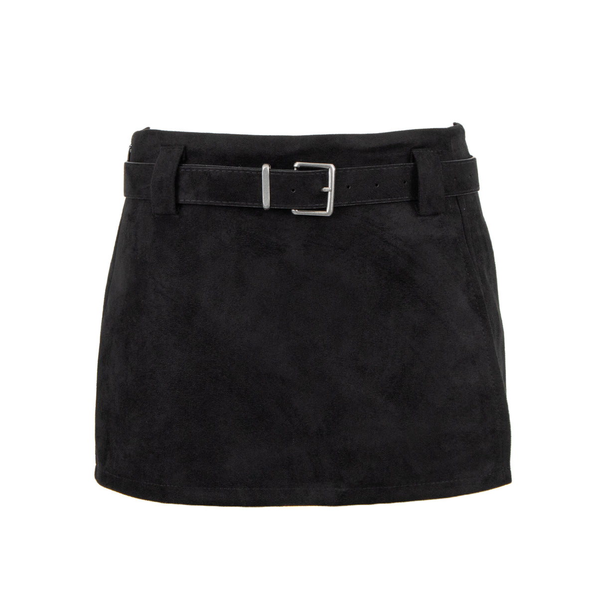 A black suede mini skirt with a matching black belt and a silver buckle, shown against a plain white background.