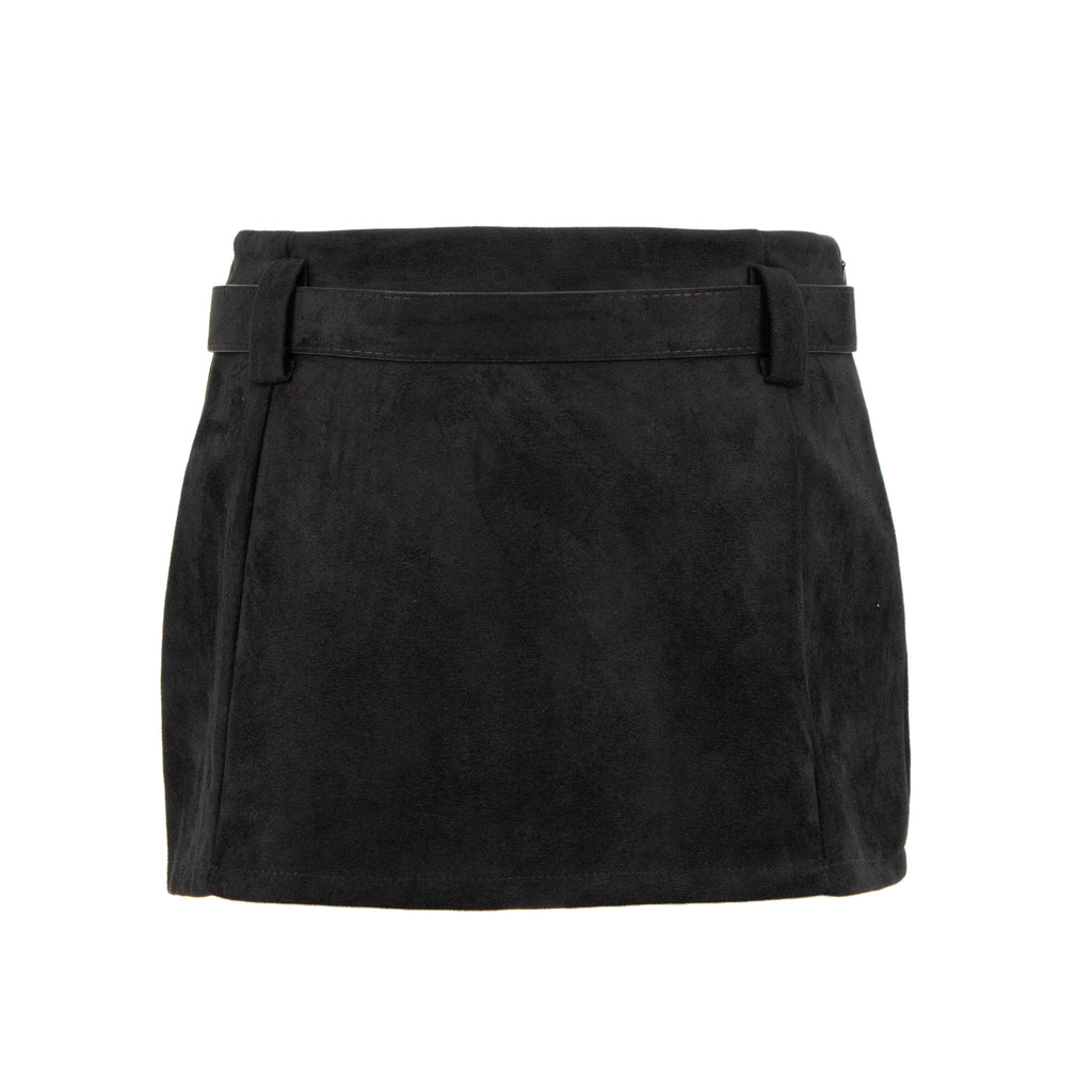 A black suede mini skirt with a matching waist belt, shown against a plain white background.