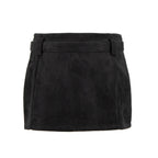 A black suede mini skirt with a matching waist belt, shown against a plain white background.