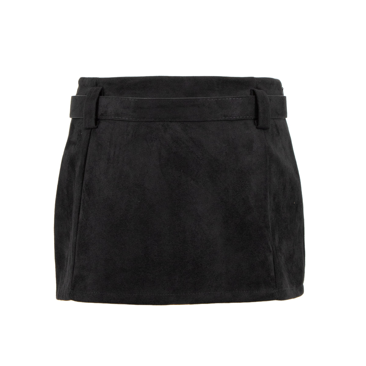 A black suede mini skirt with a matching waist belt, shown against a plain white background.