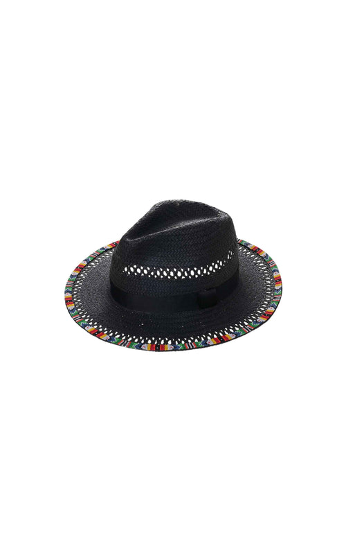 Black fedora hat with colorful trim on a white background