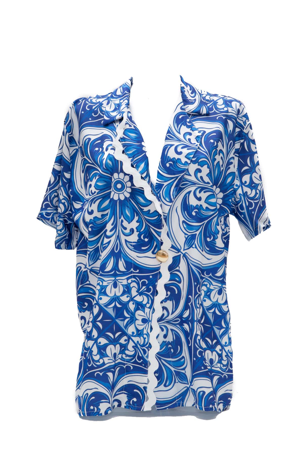 Blue and white patterned dress on a white background