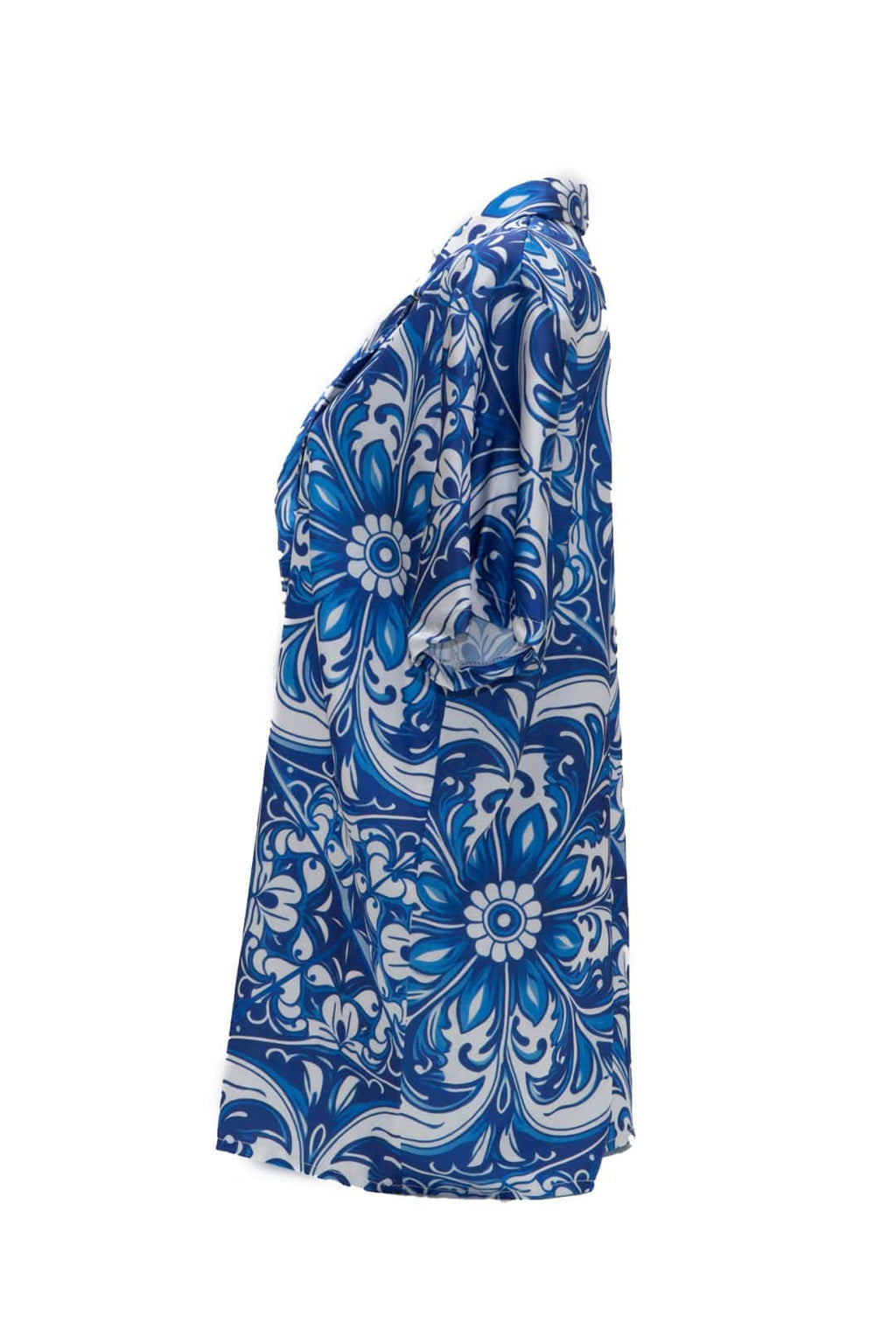 Blue and white floral patterned shirt on a white background