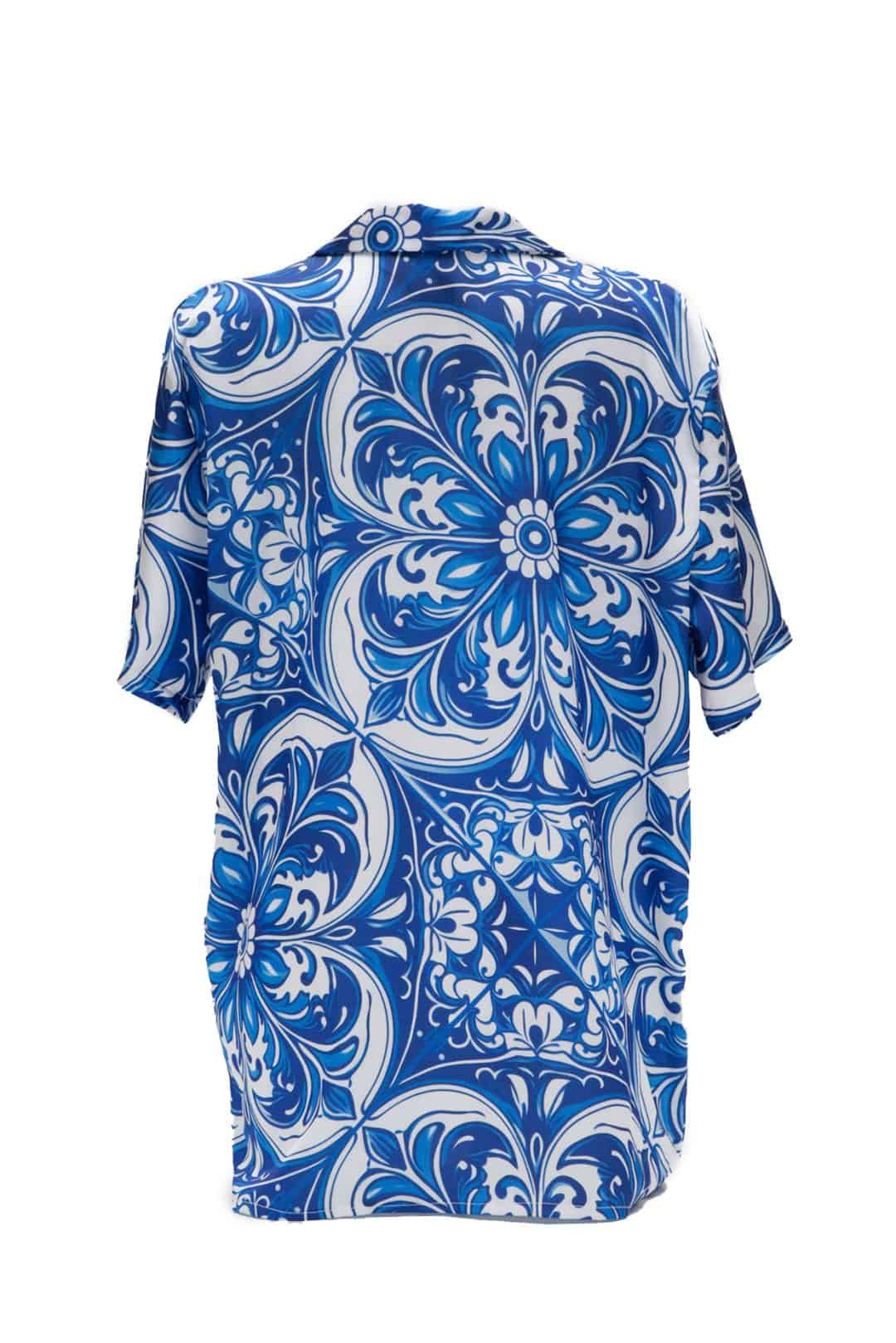 Blue and white patterned shirt on a white background