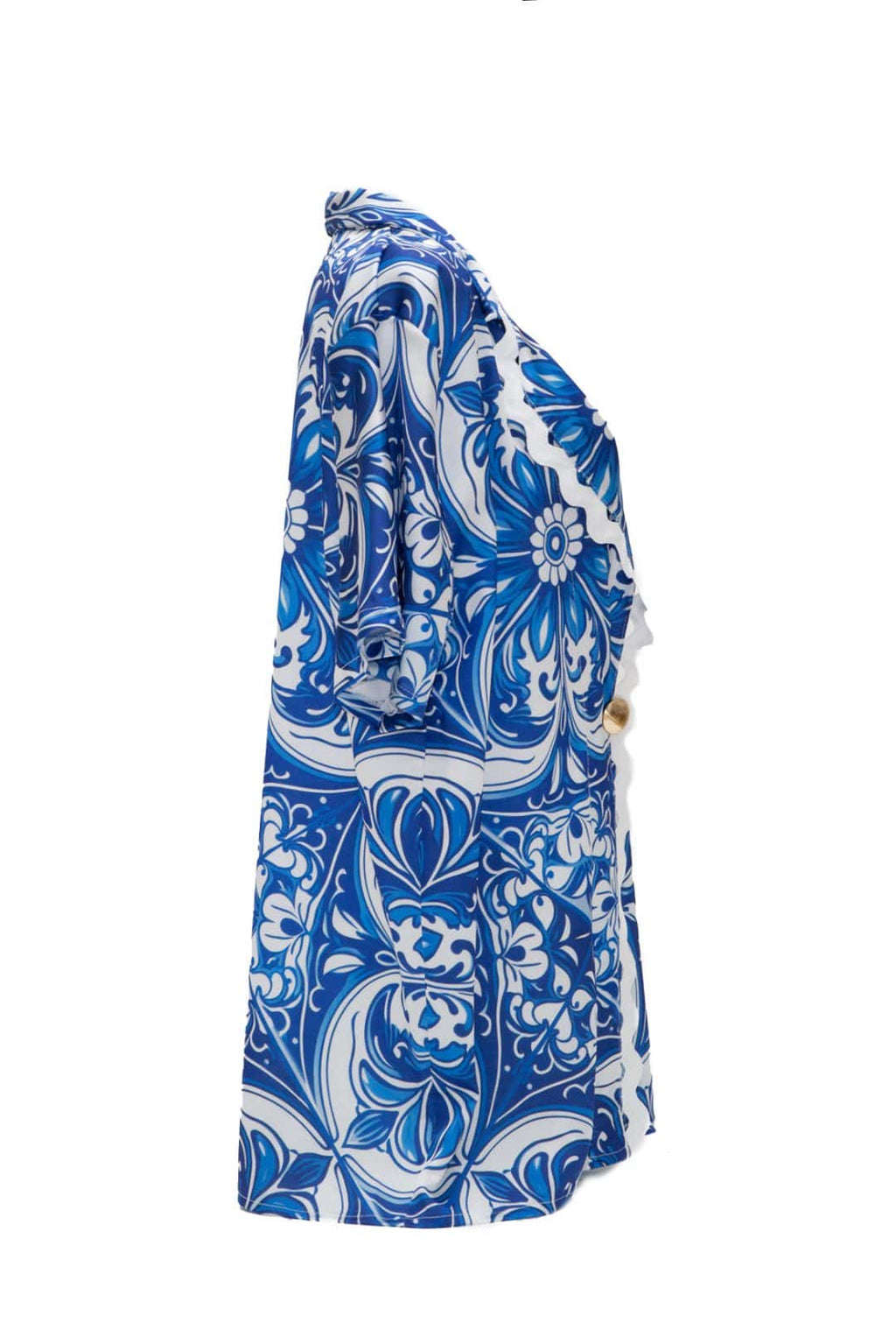 Blue and white patterned dress on a white background