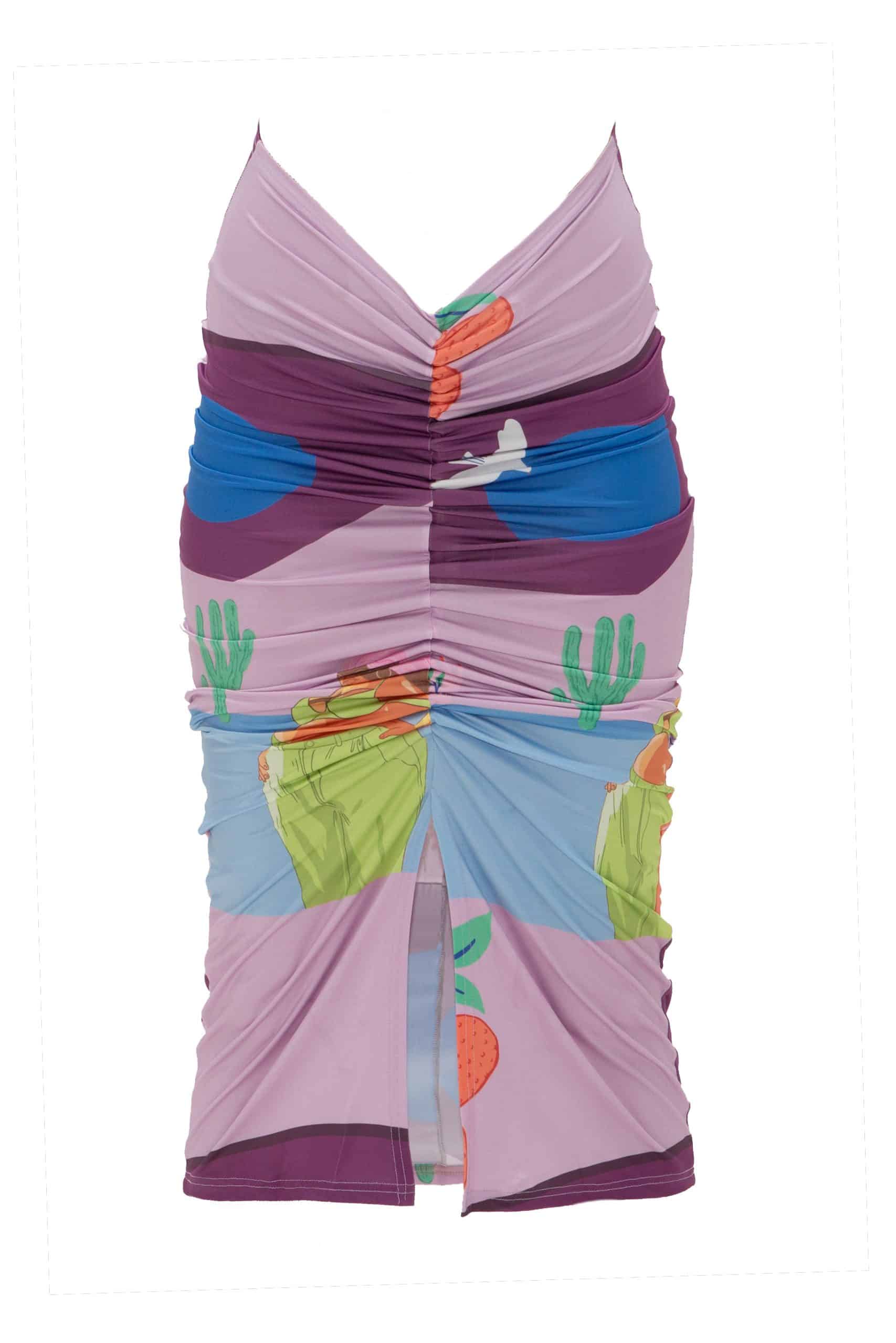 Colorful dress with abstract patterns on a white background