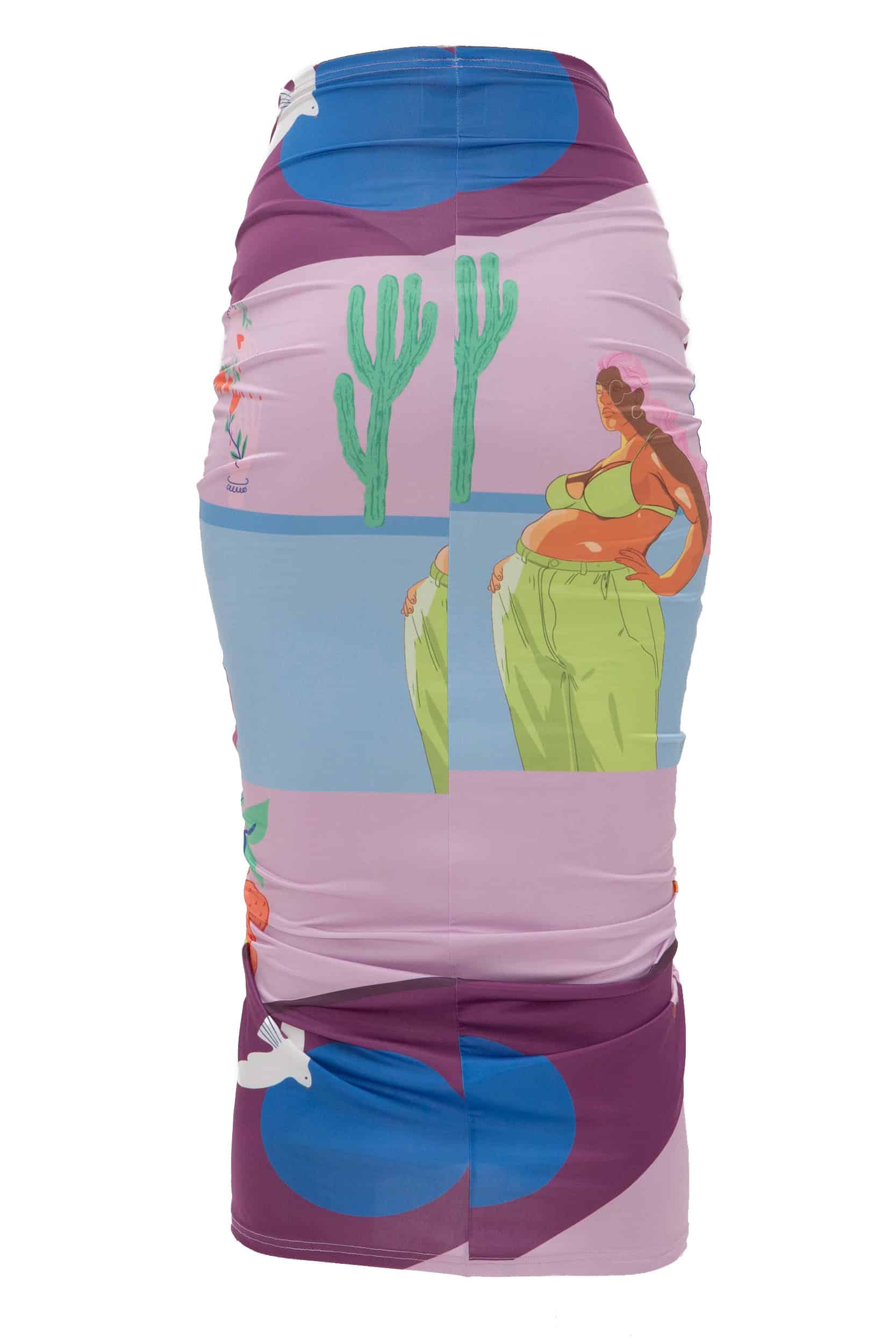 Colorful skirt with cactus and lizard design on a white background