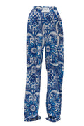 Blue and white patterned pants on a white background