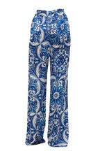 Blue and white patterned pants on a white background