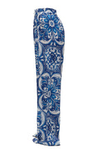 Blue and white patterned pants on a white background