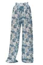 Blue floral patterned pants on a white background