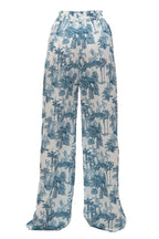 Blue and white patterned pants on a white background