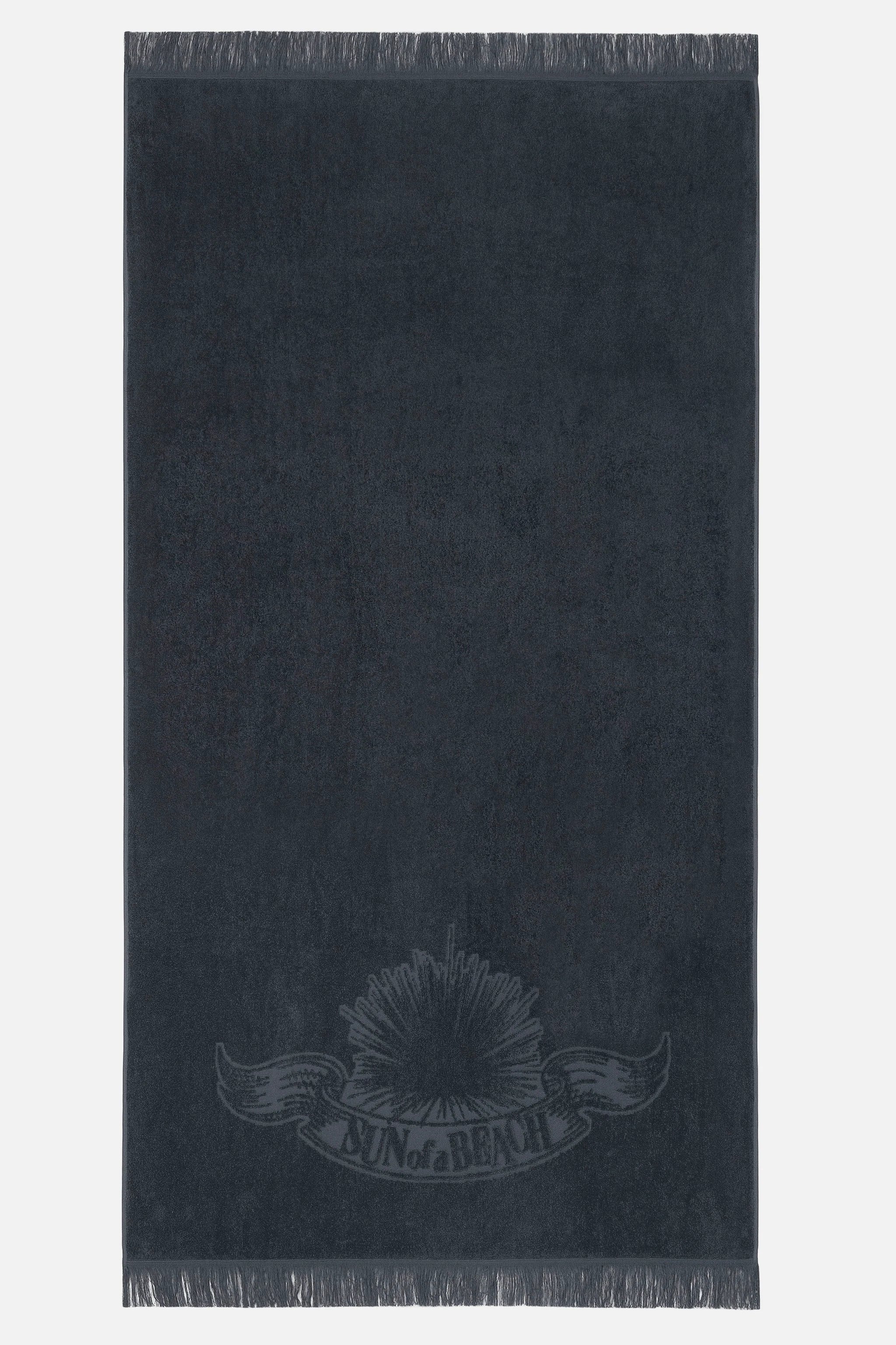 Black towel with a logo on a white background
