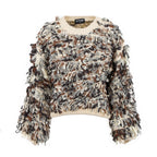 A cropped, long-sleeve knit sweater with a textured, frizzy tangle yarn in a marled pattern of brown, beige, black, and white. The sweater features a cream ribbed crew neck, hem, and cuffs, and is displayed against a solid white background.