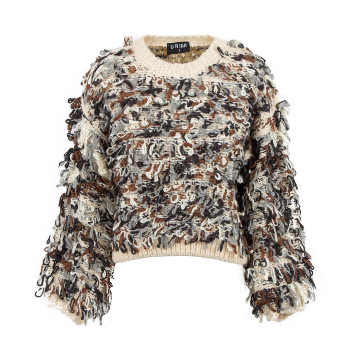 A cropped, long-sleeve knit sweater with a textured, frizzy tangle yarn in a marled pattern of brown, beige, black, and white. The sweater features a cream ribbed crew neck, hem, and cuffs, and is displayed against a solid white background.